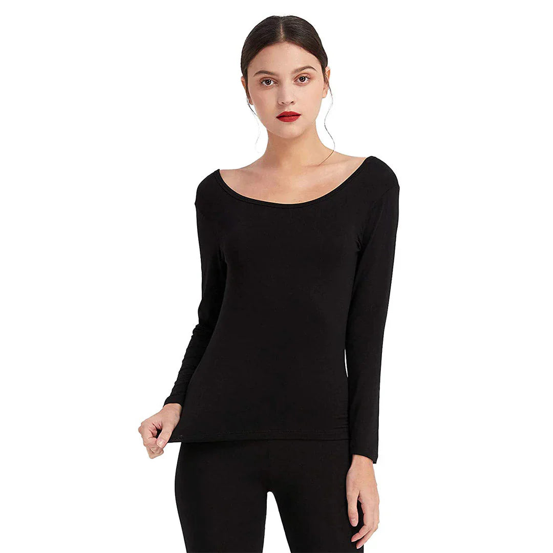 Women's Deep Neck Thermal Warmer Wool (FULL SUIT) - BLACK