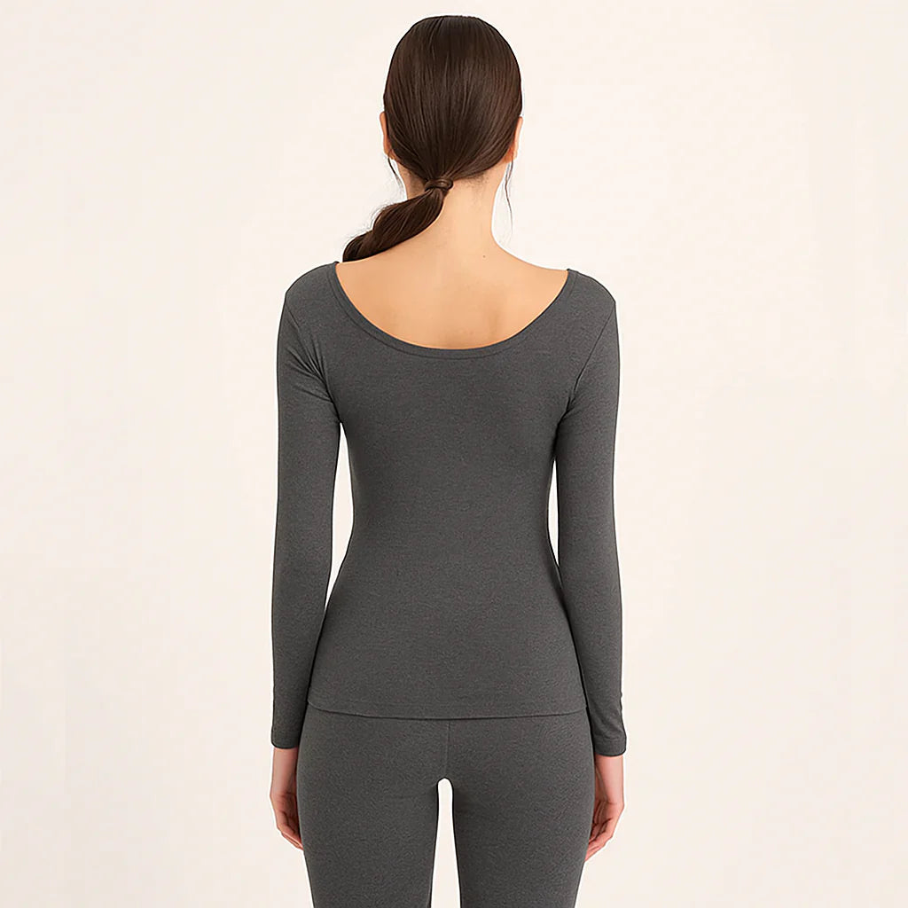 Women's Deep Neck Full-Body Thermal Warmer Wool (FULL SUIT) - Charcoal Grey