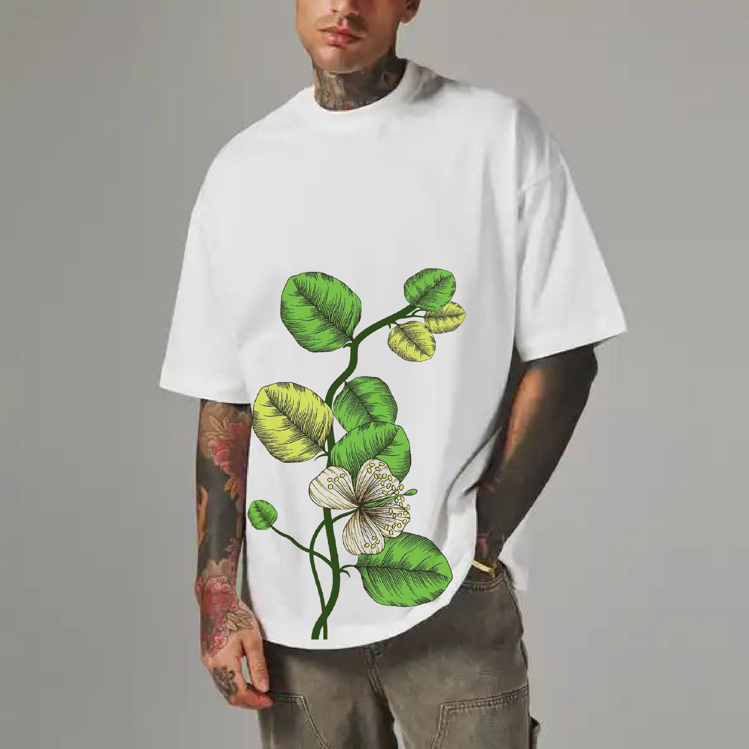 Flower Pirnt White Drop Shoulder T-Shirt Unisex