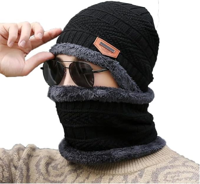 (Black) Beanie Wool Cap With Neck Warmer. Full Set-2 Pieces #151