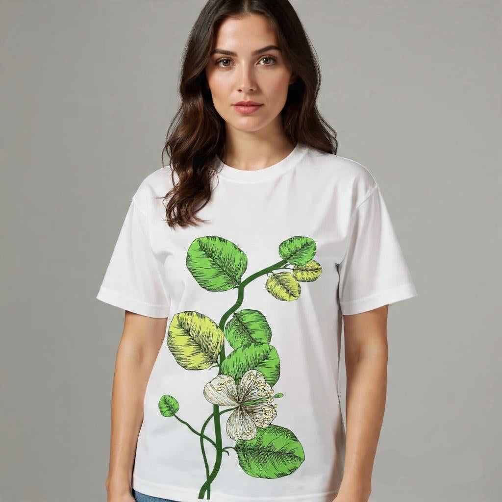Flower Pirnt White Drop Shoulder T-Shirt Unisex