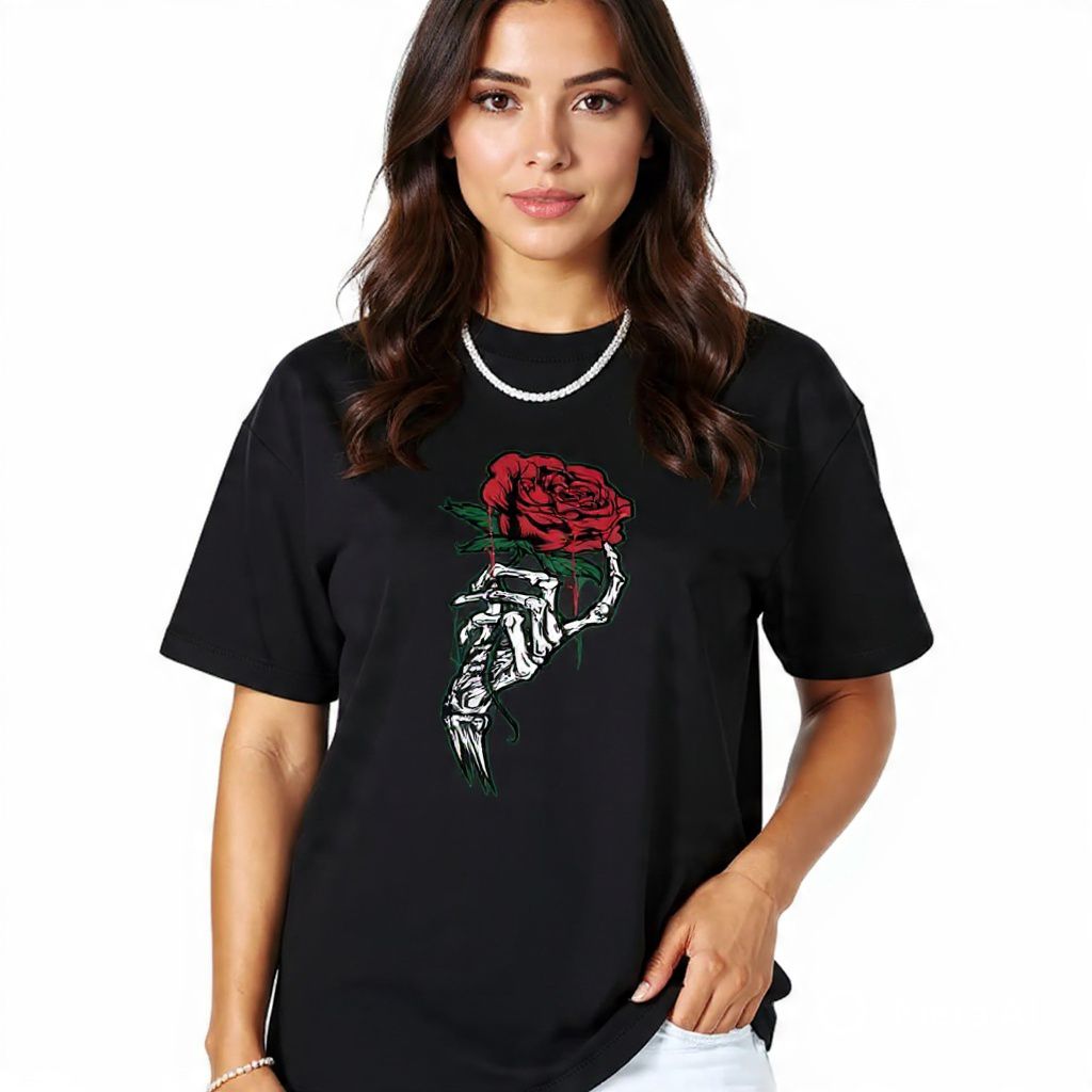 Rose Flower Pirnt Black Drop Shoulder T-Shirt Unisex