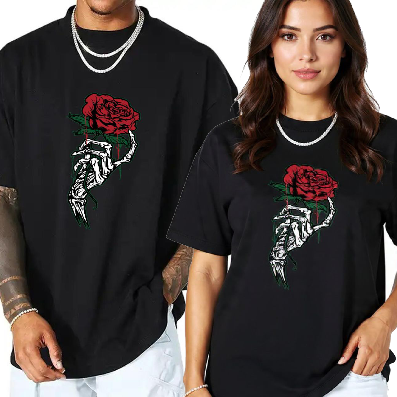 Rose Flower Pirnt Black Drop Shoulder T-Shirt Unisex