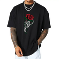 Rose Flower Pirnt Black Drop Shoulder T-Shirt Unisex