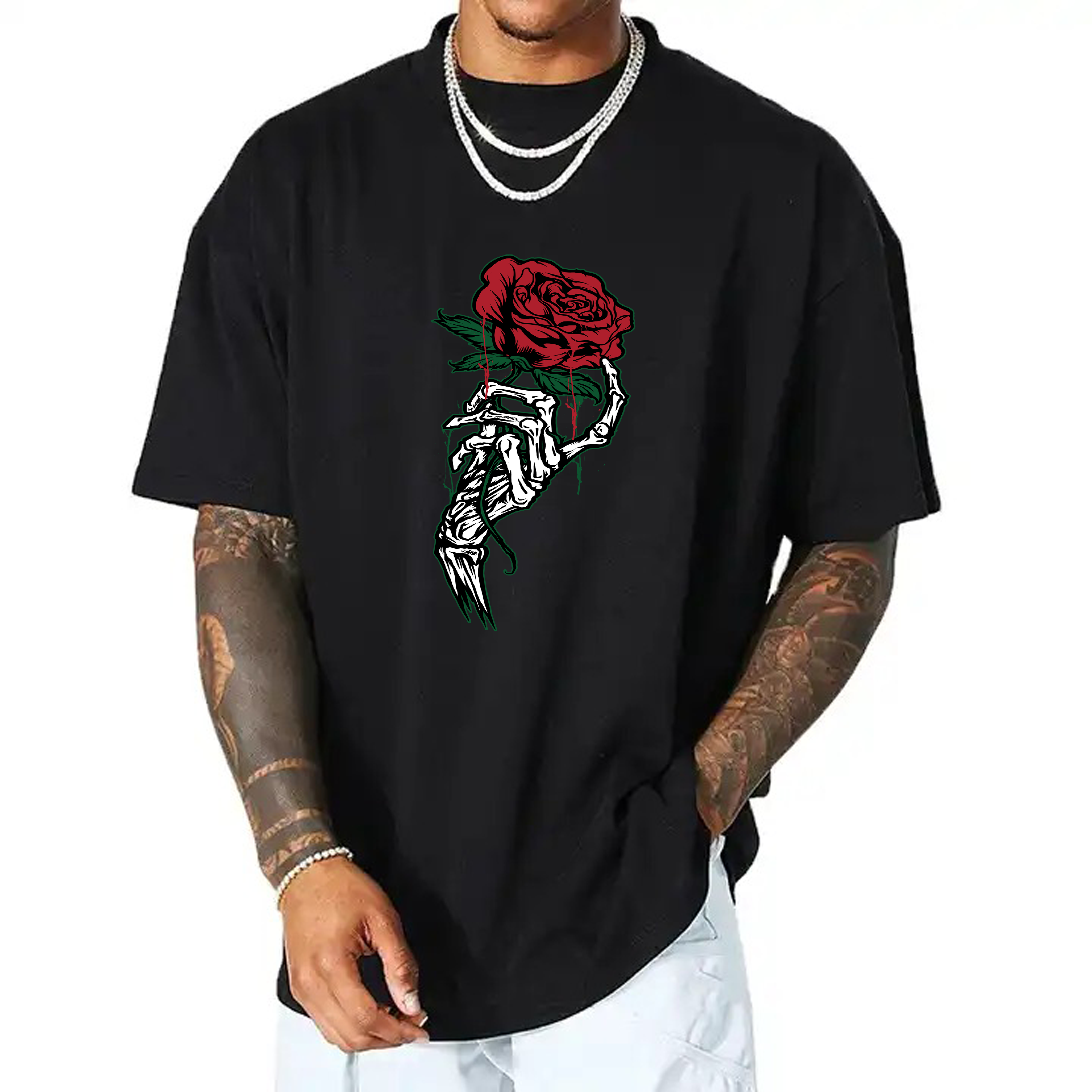 Rose Flower Pirnt Black Drop Shoulder T-Shirt Unisex