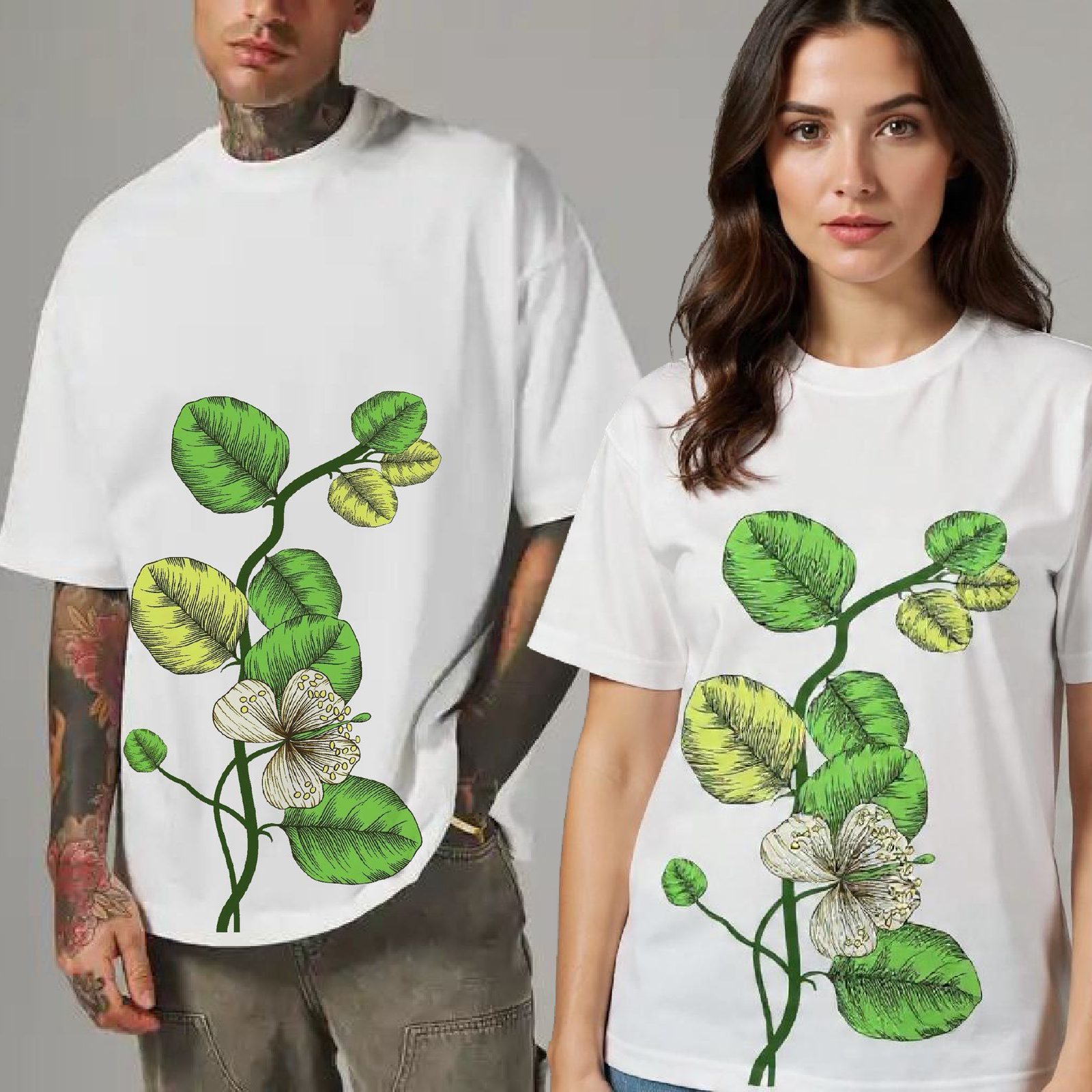 Flower Pirnt White Drop Shoulder T-Shirt Unisex